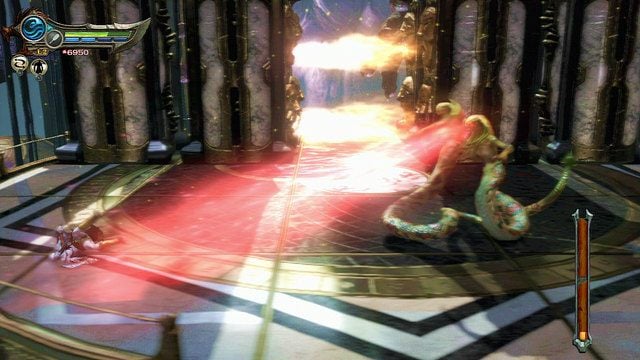 Rozpoczniesz teraz serię walk na trzech postojach windy, dopóki ich nie ukończysz będziesz mógł uzupełniać życie i manę jedynie przez zabijanie przeciwników - 28 - Wyzwanie Archimedesa (1) | Opis przejścia | God of War Wstąpienie - God of War: Ascension - poradnik do gry