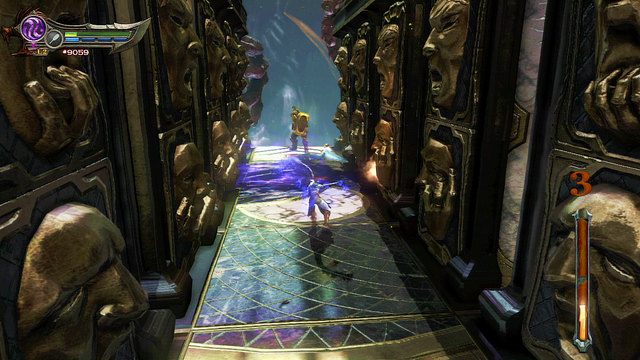 Gdy rozprawisz się z wojowniczkami ze ścian wąskiego przejścia zacznie wydobywać się ogień przechodzący od tyły w stronę ekranu - 28 - Wyzwanie Archimedesa (2) | Opis przejścia | God of War Wstąpienie - God of War: Ascension - poradnik do gry