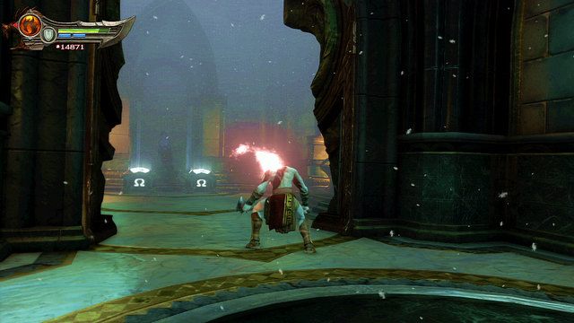 Skorzystaj z fontanny by zmienić rzeczywistość, zeskocz poziom niżej i szybko pobiegnij w lewo - Oczy Gorgony i Pióra Feniksa (rozdziały 11, 14-16, 18) | Artefakty, Oczy Gorgony i Pióra Feniksa - God of War: Ascension - poradnik do gry