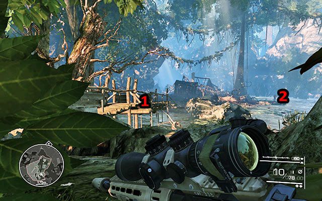 Udaj się w krzaki po prawej stronie i ponownie wsłuchaj się w instrukcje swojego obserwatora - Idź za Diazem i likwiduj wskazane cele | Akt 1 - Zanik łączności - Sniper: Ghost Warrior 2 - poradnik do gry