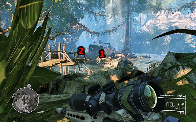 Następny cel znajdzie się w ruchu - odczekaj chwilę, by zobaczyć dokąd się uda - Idź za Diazem i likwiduj wskazane cele | Akt 1 - Zanik łączności - Sniper: Ghost Warrior 2 - poradnik do gry