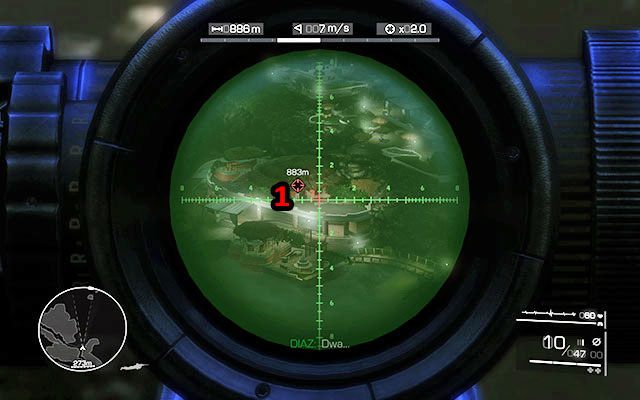 Czym prędzej skieruj lunetę odrobinę na lewo, na taras jednego z budynków - Zlokalizuj jeńca; Osłaniaj oddział szturmowy | Akt 1 - Znikąd - Sniper: Ghost Warrior 2 - poradnik do gry