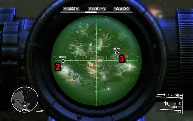 Wróć z powrotem do okolic jachtu - musisz zdjąć dwóch oprychów, z których jeden przebywa na górnej części jachtu [860m], natomiast drugi na tarasie budynku po prawej [960m] - Zlokalizuj jeńca; Osłaniaj oddział szturmowy | Akt 1 - Znikąd - Sniper: Ghost Warrior 2 - poradnik do gry