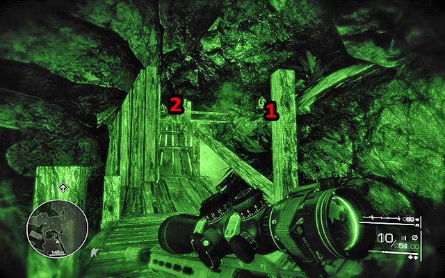 Wejdź na drewnianą konstrukcję i udaj się w głąb jaskini - Przejdź przez jaskinię na południową stronę kurortu | Akt 1 - Znikąd - Sniper: Ghost Warrior 2 - poradnik do gry