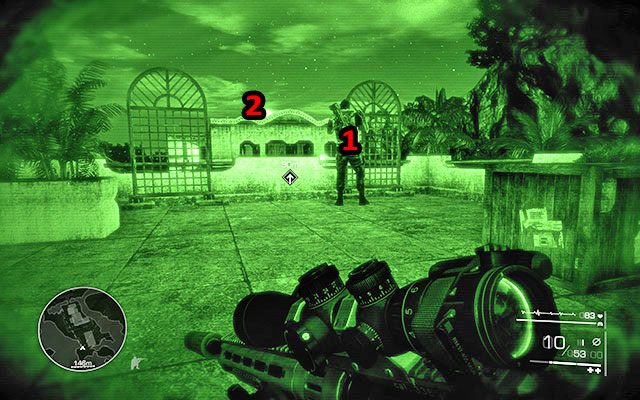 Po opuszczeniu jaskini udaj się po schodkach na dach budynku po lewej - natrafisz tam na jednego najemnika rozmawiającego przez telefon - Przejdź przez jaskinię na południową stronę kurortu | Akt 1 - Znikąd - Sniper: Ghost Warrior 2 - poradnik do gry