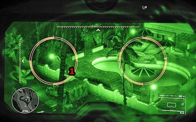 Drugim przeciwnikiem, którego należy zlikwidować jest spacerujący najemnik na placu - odczekaj, aż znajdzie się on przy ogrodzeniu [150m] - Zlikwiduj nieprzyjaciół na drodze | Akt 1 - Znikąd | Sniper Ghost Warrior 2 - Sniper: Ghost Warrior 2 - poradnik do gry