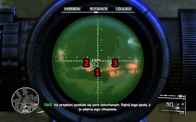 Diaz wskaże Ci kolejne cele na przystani - dwóch rozmawiających strażników [1125m] - Zlikwiduj wrogów na plaży | Akt 1 - Znikąd | Sniper Ghost Warrior 2 - Sniper: Ghost Warrior 2 - poradnik do gry