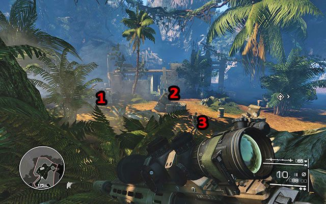 Następnie będziesz musiał odczekać chwilkę, aż jeden z patrolujących żołnierzy przystanie na chwilę po lewej stronie budynku [45m] - Niezauważenie przedostań się do bunkra | Akt 1 - Wszyscy muszą wrócić - Sniper: Ghost Warrior 2 - poradnik do gry