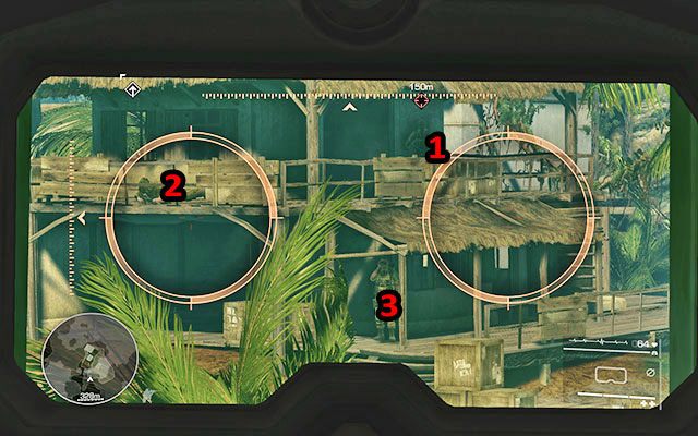 Dotrzesz do punktu obserwacyjnego, z którego będziesz miał dobry widok na dwa domki na wybrzeżu - Zlikwiduj wrogich wartowników | Akt 1 - Wszyscy muszą wrócić - Sniper: Ghost Warrior 2 - poradnik do gry