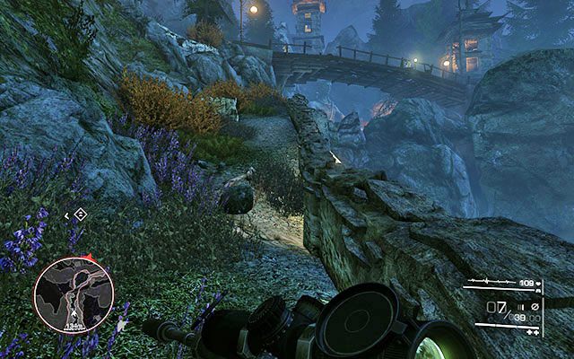 Po rozprawieniu się z oponentami biegnij dalej - natrafisz na szperacza, staraj się nie wejść w snop światła - Spotkaj się z Diazem | Akt 3 - Nóż w ciemności | Sniper Ghost Warrior 2 - Sniper: Ghost Warrior 2 - poradnik do gry