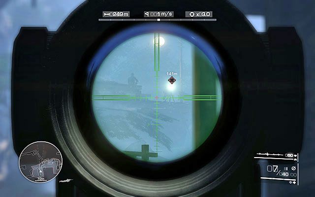 W zależności od tego, czy postanowisz się cofnąć czy tez nie, będziesz musiał oddać strzał na odległość [110m-140m] - Niezauważenie odzyskaj broń; Zlikwiduj szperacz wraz z obsługą | Akt 3 - Spalone mosty - Sniper: Ghost Warrior 2 - poradnik do gry