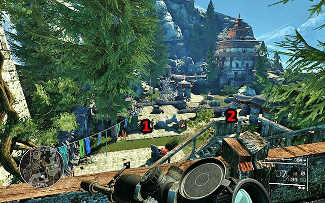 Po chwili nadejdzie dwóch kolejnych żołnierzy - w pierwszej kolejności zajmij się tym stojącym przy obalonej kolumnie [50m] - Zlikwiduj wrogów na placu | Akt 3 - Zła karma | Sniper Ghost Warrior 2 - Sniper: Ghost Warrior 2 - poradnik do gry