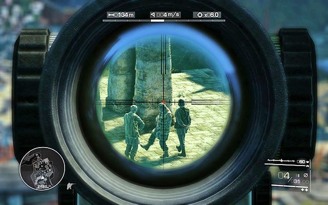 W końcu będziesz mógł zająć się trzema napastnikami - ustaw podwójny strzał, pozostawiając najemnika po lewej stronie Diazowi - Zlikwiduj wrogów na placu | Akt 3 - Zła karma | Sniper Ghost Warrior 2 - Sniper: Ghost Warrior 2 - poradnik do gry