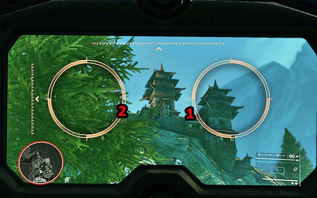 Po oczyszczeniu terenu zejdź po schodach w stronę placu - po przejściu kilku kroków zostaniesz zaatakowany przez dwóch snajperów czyhających na wieżach w oddal [360m] - Idź za Diazem i likwiduj wskazane cele #2 | Akt 3 - Zła karma - Sniper: Ghost Warrior 2 - poradnik do gry