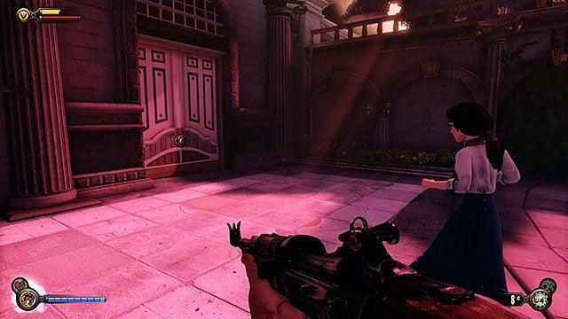 Po przejściu przez pierwsze korytarze ekspozycji, trafisz na zamknięte drzwi, do otwarcia których potrzebna jest jedynie spinka do włosów Elizabeth - Znajdź Slatea za pomnikiem Pierwszej Damy | Rozdział 10 - W Sali Bohaterów - BioShock: Infinite - poradnik do gry