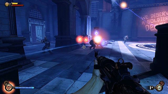 Kiedy wrócisz tropem Slatea na dziedziniec, spotkasz się z dużym oporem ze strony jego ludzi - Weź Elektrycznego Dżokeja od Slatea | Rozdział 11 - Sklep z Pamiątkami w Sali Bohaterów - BioShock: Infinite - poradnik do gry