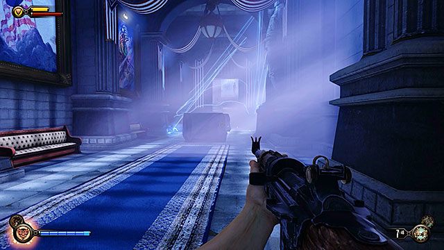 Dostań się na taras, z którego Slate rzucał elektryczne pułapki i rusz dalej jego śladem - Weź Elektrycznego Dżokeja od Slatea | Rozdział 11 - Sklep z Pamiątkami w Sali Bohaterów - BioShock: Infinite - poradnik do gry