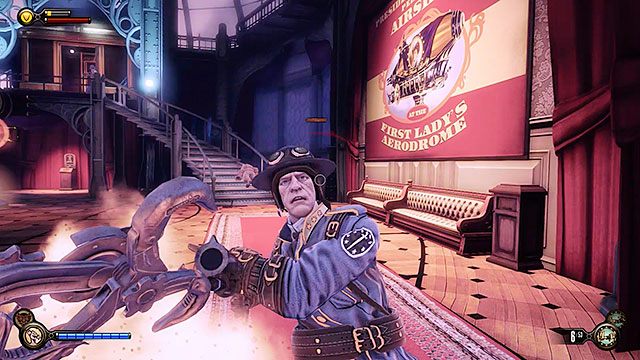 Na górnej stacji spotkasz jeszcze kilku policjantów strzegących dostępu do aerodromu - Wjedź gondolą na okręt Pierwsza Dama | Rozdział 12 - Wróć na Plac Sali Bohaterów - BioShock: Infinite - poradnik do gry