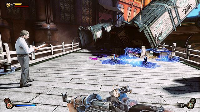 Po drugiej stronie tunelu, obok rozbitych gondol towarowych znajdziesz spory zapas soli (butelki elektrycznego dżokeja) oraz przejście do następnego rozdziału - Znajdź Elizabeth | Rozdział 13 - Doki Finkton | BioShock Infinite - BioShock: Infinite - poradnik do gry