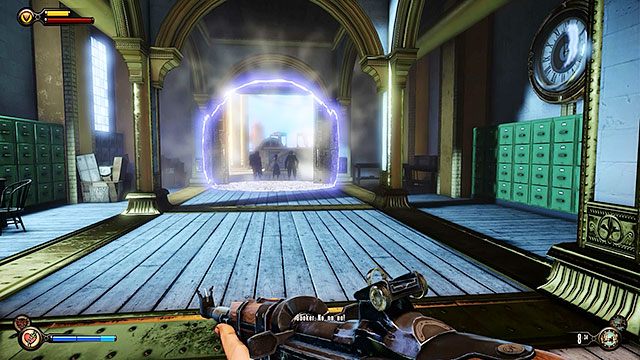 Przejdź na drugą stronę barykady i otwórz wielkie drzwi, za którymi zobaczysz Elizabeth - Ścigaj Elizabeth | Rozdział 14 - Przystań Żebraka | BioShock Infinite - BioShock: Infinite - poradnik do gry