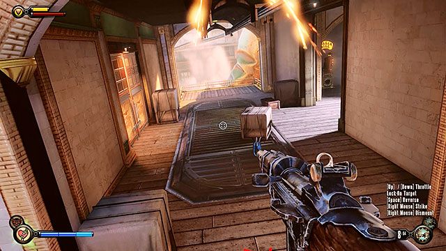 Po wstędze znajdującej się nad placem wjedź na wyższe piętro - Uratuj Elizabeth | Rozdział 15 - Pomost Fortu Franklin | BioShock Infinite - BioShock: Infinite - poradnik do gry