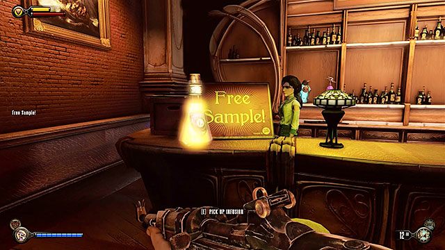 Na ladzie baru stoi Infuzja #13, obok tabliczki Darmowa próbka - Idź do klubu Dobre Czasy i uratuj Chen Lina | Rozdział 18 - Klub Dobre Czasy - BioShock: Infinite - poradnik do gry