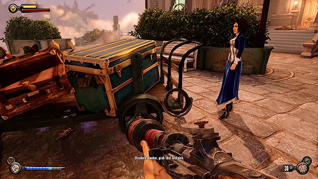 Po walce, odszukaj wózek bagażowy, stojący na placu przed stacją - Idź do domu Comstocka | Rozdział 28 - Emporium | BioShock Infinite - BioShock: Infinite - poradnik do gry