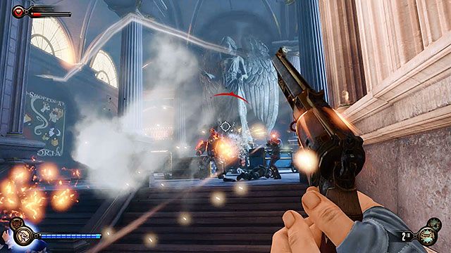 Wejdź na wyższe piętro schodami naprzeciwko restauracji - Idź do domu Comstocka | Rozdział 29 - Port Dostatku | BioShock Infinite - BioShock: Infinite - poradnik do gry