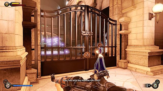 Po przeczesaniu głównej hali, wejdź po schodach na kolejne piętro, gdzie znajdują się zamknięte drzwi prowadzące do wyjścia - Idź do domu Comstocka | Rozdział 29 - Port Dostatku | BioShock Infinite - BioShock: Infinite - poradnik do gry