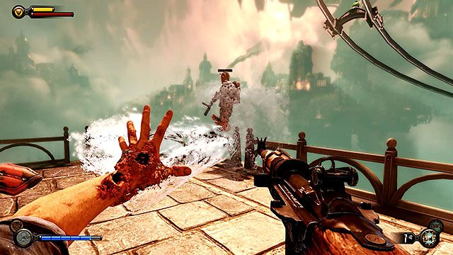 Od razu po wyjściu z windy czeka Cię wymagająca potyczka z Voksami i policją - Idź do domu Comstocka | Rozdział 30 - Centrum Emporium | BioShock Infinite - BioShock: Infinite - poradnik do gry