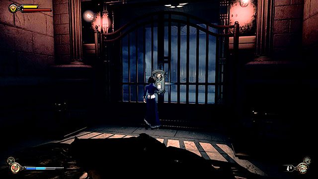 Następnie podejdź do bramy domu Comstocka (punkt 1 na mapie) i użyj znajdującego się na niej panelu z czytnikiem linii papilarnych - Idź do domu Comstocka | Rozdział 30 - Centrum Emporium | BioShock Infinite - BioShock: Infinite - poradnik do gry