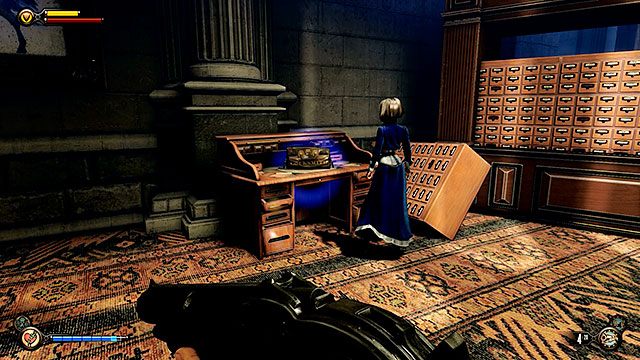 Przejdź korytarzem do archiwum z poprzewracanymi regałami - Znajdź następną wyrwę | Rozdział 31 - Ogrody Pamięci | BioShock Infinite - BioShock: Infinite - poradnik do gry
