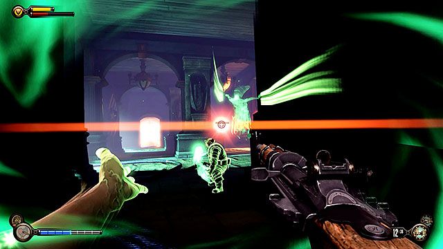 W holu na piętrze trafisz na kolejne dwie wieżyczki oraz grupę strażników z korytarza, którym nie poszedłeś - Wyłącz maszyny | Rozdział 35 - Blok Operacyjny | BioShock Infinite - BioShock: Infinite - poradnik do gry