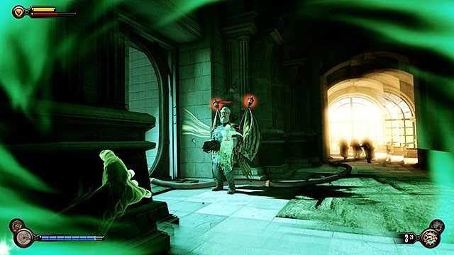 Zejdź z powrotem na piętro poniżej, gdzie zostaniesz zatrzymany przez Zmechanizowanego patriotę oraz następną grupę strażników - Wyłącz maszyny | Rozdział 35 - Blok Operacyjny | BioShock Infinite - BioShock: Infinite - poradnik do gry