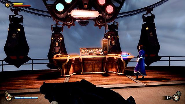 Po zneutralizowaniu przeciwników, odszukaj na dziobie panel kontrolny sterujący kapsułami Zmechanizowanych patriotów - Oczyść Wstęgę hangaru | Rozdział 37 - Pokład Hangaru | BioShock Infinite - BioShock: Infinite - poradnik do gry