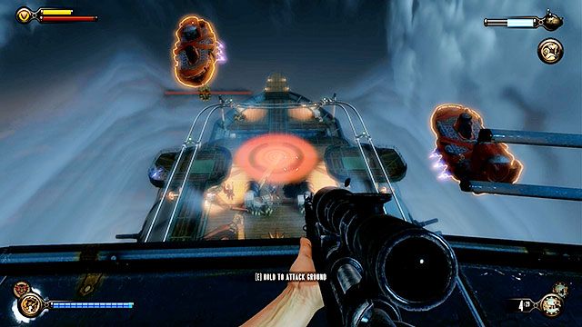 Wstęgą, okalającą cały górny pokład możesz dostać się na szczyt sterowca - Nakaż Szczebiotowi ochronę sterowca | Rozdział 39 - Pokład Dowodzenia - BioShock: Infinite - poradnik do gry