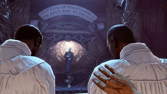 Po przeszukani kapliczek, zejdź na niższy poziom schodami znajdującymi się za popiersiem Comstocka - Znajdź drogę do miasta w BioShock Infinite | Rozdział 2 - Centrum Powitalne - BioShock: Infinite - poradnik do gry