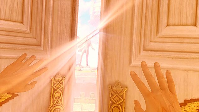 Podążaj za strzałką w stronę wyjścia ze świątynnego ogrodu - Odszukaj statuę Columbii w BioShock Infinite | Rozdział 2 - Centrum Powitalne - BioShock: Infinite - poradnik do gry