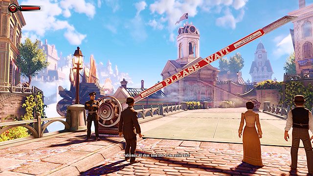 Wróć na ulicę i udaj się w stronę przelatującej przez miasto parady - Odszukaj statuę Columbii w BioShock Infinite | Rozdział 2 - Centrum Powitalne - BioShock: Infinite - poradnik do gry