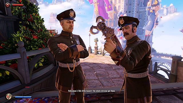 W drodze na loterię natkniesz się na dwóch policjantów - Idź na Wyspę Pomnika i odszukaj dziewczynę | Rozdział 2 - Centrum Powitalne - BioShock: Infinite - poradnik do gry