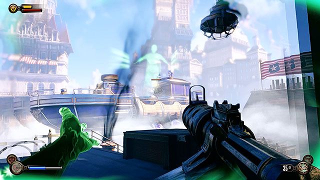 Obok dachu, na którym się znajdujesz unosi się policyjna barka z zamontowaną wieżyczką - Idź na Wyspę Pomnika i odszukaj dziewczynę (1) | Rozdział 4 - Dachy Centrum Comstocka - BioShock: Infinite - poradnik do gry