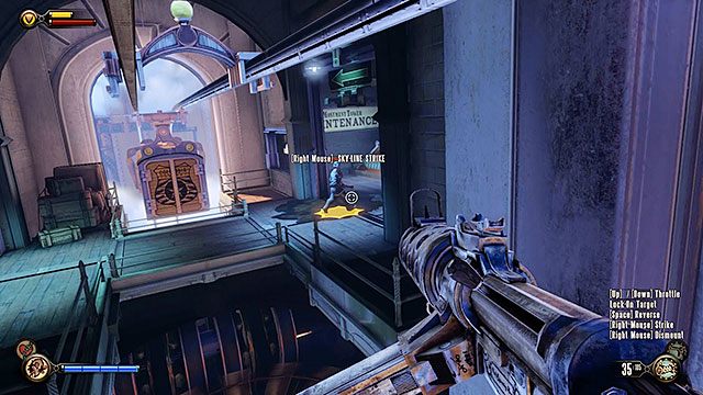 Na szczycie wieży Wstęgę blokują gondole towarowe - Użyj wstęg, by dostać się na wyspę pomnika | Rozdział 5 - Brama Wyspy Pomnika - BioShock: Infinite - poradnik do gry