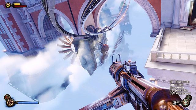 Przejdź na taras po drugiej stronie mieszkania i wróć na Wstęgę, którą dojedziesz do kolejnej blokady - Użyj wstęg, by dostać się na wyspę pomnika | Rozdział 5 - Brama Wyspy Pomnika - BioShock: Infinite - poradnik do gry