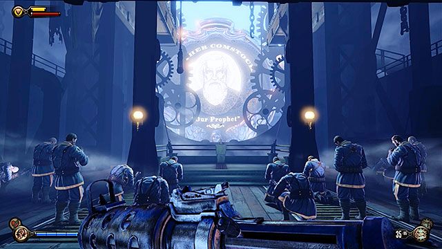 Już przed zeskoczeniem ze Wstęgi zauważysz, że po otrzymaniu komendy od proroka, wszyscy policjanci zamrą posłusznie w modlitwie i nie będą Cię atakować - Użyj wstęg, by dostać się na wyspę pomnika | Rozdział 5 - Brama Wyspy Pomnika - BioShock: Infinite - poradnik do gry