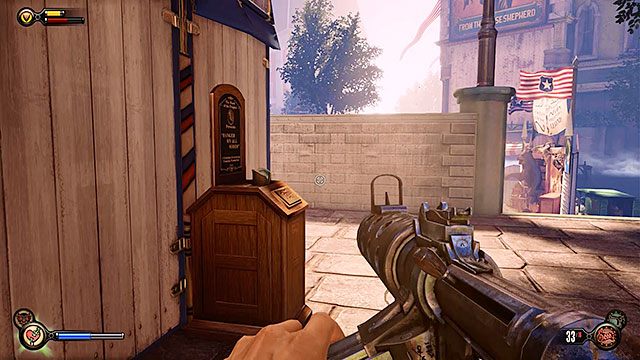 Dachy Centrum Comstocka, za drewnianą budką na tyłach drukarni - Rozdziały 4-5 | Punkty widokowe (kinetoskopy i teleskopy) | BioShock Infinite - BioShock: Infinite - poradnik do gry