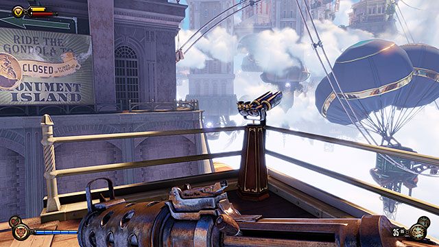Gondola na Wyspę Pomnika, na niższym piętrze wieży konserwacyjnej (przy balustradzie) - Rozdziały 4-5 | Punkty widokowe (kinetoskopy i teleskopy) | BioShock Infinite - BioShock: Infinite - poradnik do gry