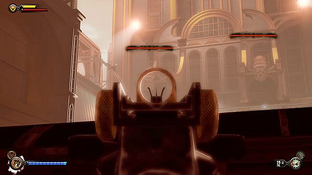 Zanim będziesz mógł dostać się do magazynu, czeka Cię przeprawa przez oddziały policji, wspomagane przez dwie, duże wieżyczki rakietowe, jedną z karabinem maszynowym oraz Zmechanizowanego patriotę - Zniszcz wieżyczki obronne | Rozdział 21 - Shantytown | BioShock Infinite - BioShock: Infinite - poradnik do gry