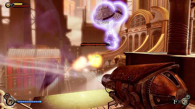 Jeśli wolałbyś walczyć na krótszy dystans, w okolicy znajdziesz Granatniki (na budynku po prawej stronie placu i na dachu barki po lewej) oraz Kartaczownicę (na szczycie budynku po prawej) - Zniszcz wieżyczki obronne | Rozdział 21 - Shantytown | BioShock Infinite - BioShock: Infinite - poradnik do gry