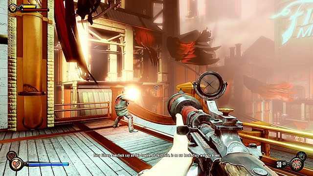 Po wyjściu z komisariatu będziesz świadkiem walki między Voksami a policją - Wróć do warsztatu rusznikarza | Rozdział 23 - Byczy Dziedziniec - BioShock: Infinite - poradnik do gry