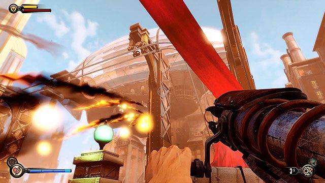 Kiedy Ty lub walczący u Twego boku Voksi dostaną się pod bramę, nad pomost nadleci sterowiec, uzbrojony w działo rakietowe, z którego będzie ostrzeliwał okolice bramy - Zniszcz sterowiec | Rozdział 26 - Dziedziniec Fabryczny | BioShock Infinite - BioShock: Infinite - poradnik do gry